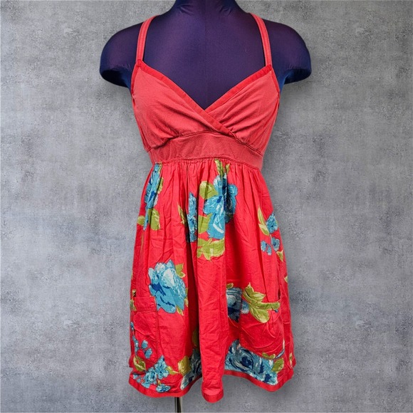 Y2K Abercrombie & Fitch Coral Floral Halter Babydoll Tank Top Size Medium G84 - Picture 1 of 7